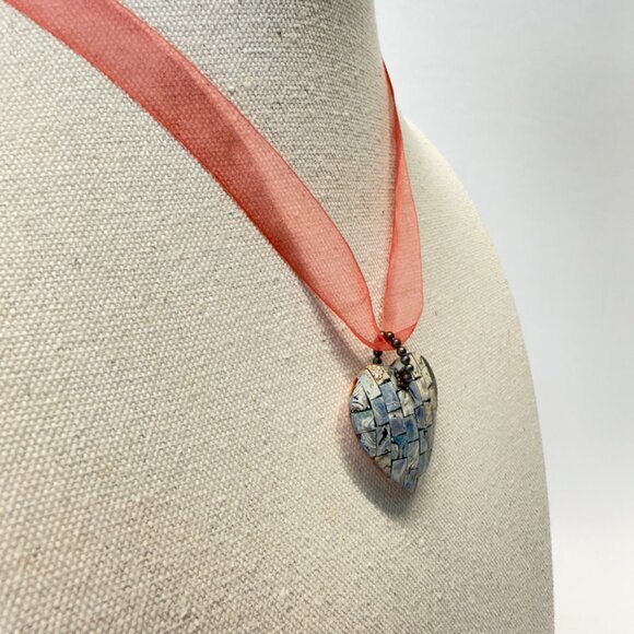 Abalone Mosaic Heart Pendant Necklace Pastel Beachy Coastal Feminine Reversible - Picture 7 of 9